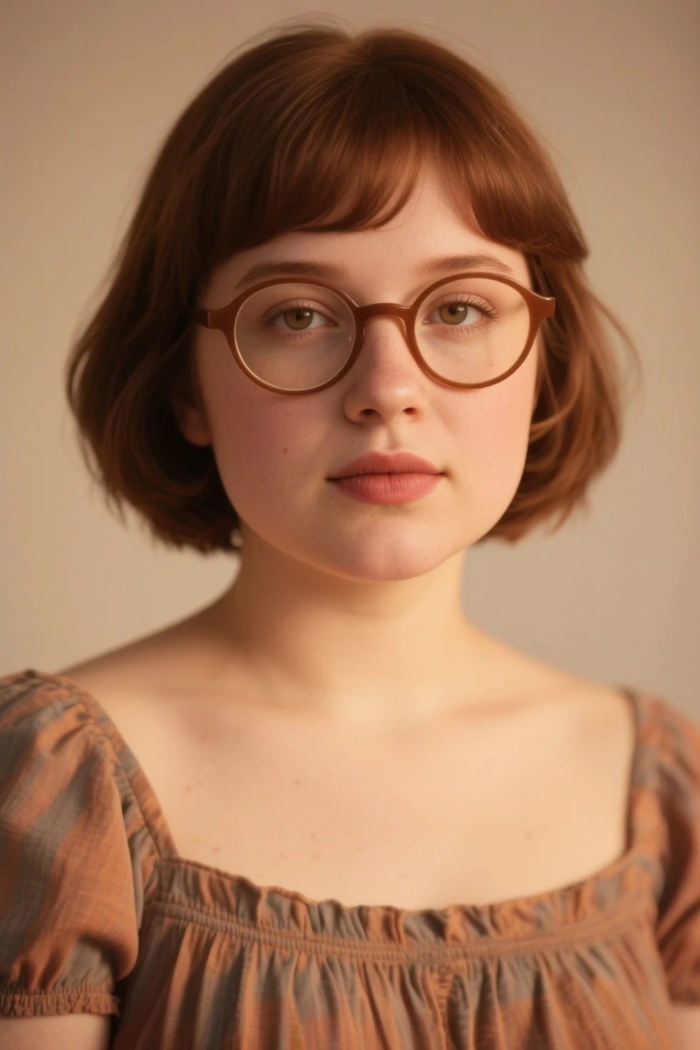 Pageboy hairstyle Velma Dinkley from Scooby Doo face up close glasses soft brown eyes chubby cheeks soft innocent looking like face lots of freckles deep visible pores in her face shiny oily glow to her greasy face extremely obese teen face glossy oily skin and freckles