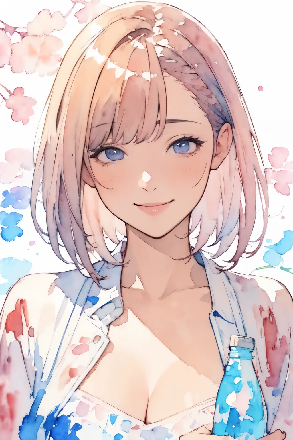 (masterpiece),(Highest Quality:1.2),(Very detailed:1.2),(high resolution),(((watercolor))),8k,Portrait of a woman smiling sweetly,透明watercolor,shades,Bleeding,Blur,Show them that they are good at PET bottles of soft drinks