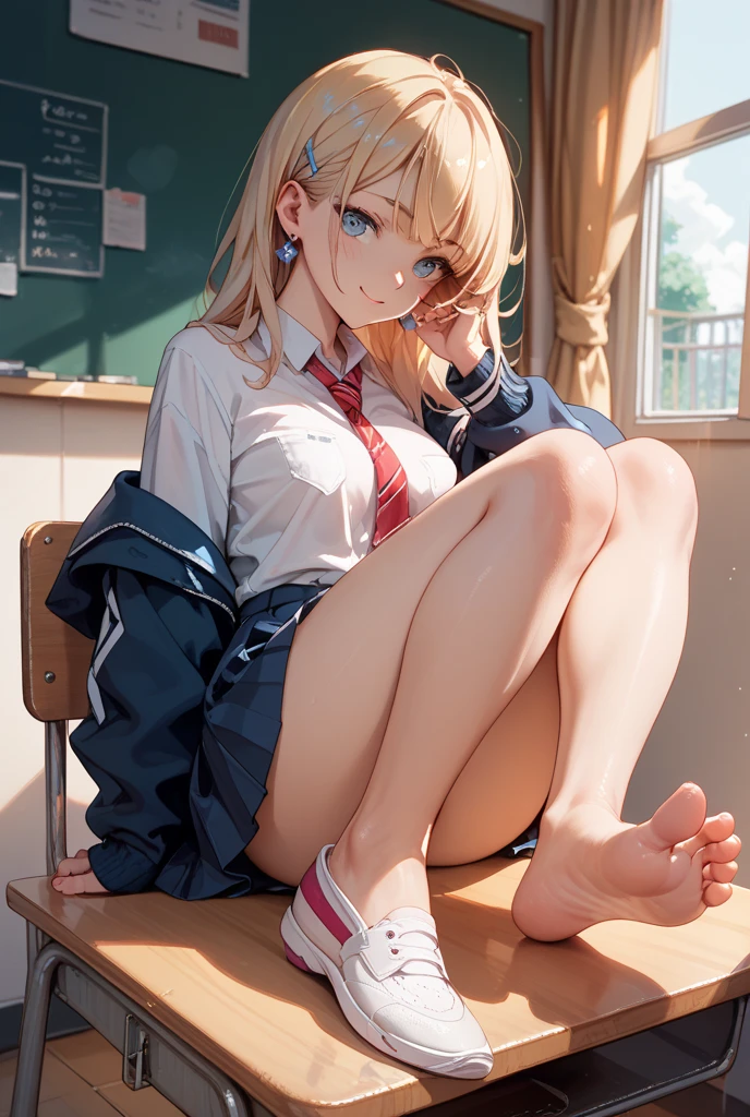 In 8K、highest quality、masterpiece、Ultra-detailed、Ultra-high resolution、((1 person))、With a girl、uniform、ponytail、Blonde、Braided hair、compensate、Checked mini skirt、Home、Sitting on the floor、White panties、(barefoot)