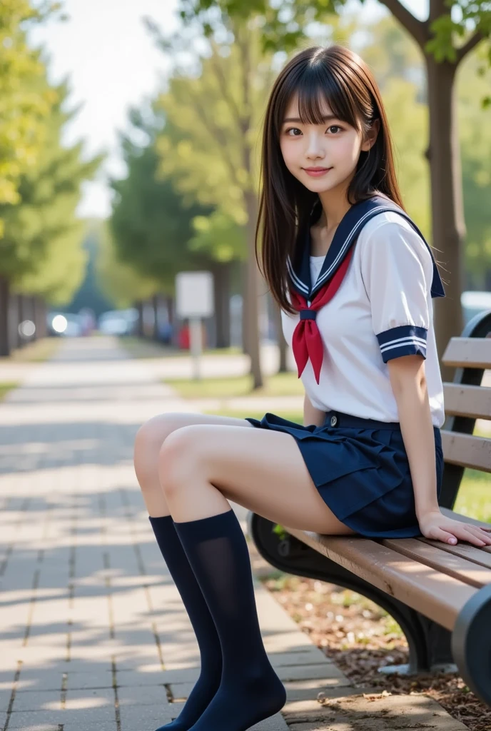 Pure Japanese school girl, outstanding body, beautiful legs, wearing uniform, high heels, natural hairstyles, sweet smile, sexual attractive, sitting, refreshing in early summer,