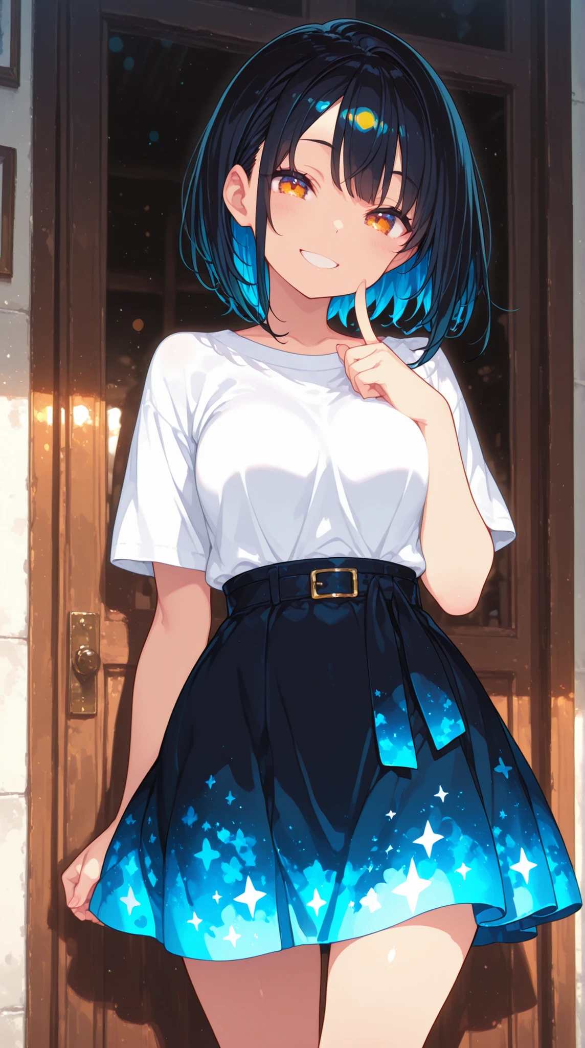 female, thin short sleeve shirt, flare skirt,  Smile