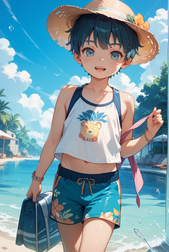 exposed female genitals, ,The crotch is exposed,Tanned girl in a swimsuit standing on the beach、short hair,Baby Face,Illuminated by the setting sun,Beautiful sunset,Look at the viewer and smile、Flat Chest,Put your arms behind your back