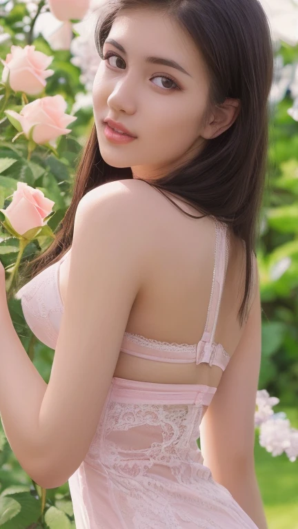 Nipples, ((Sexy dark pink lingerie))、(((masterpiece, Highest quality)), 1 girl, (Realistic: 1.4), alone, Pink Background, Dark brown hair, ((blunt bangs))、hime_cut,smile、((whole body)), Very beautiful woman、Slender women、(Detailed face)、Realistic Skin、((Delicate photo)),(Girl Masterpiece RAW Photo Details:1.25), (Highest quality:1.6), (Ultra-high resolution:1.5), (Realistic:1.75),8k resolution, ,50mm,Absurd, Ultra-detailed,Cinema Lighting、Spread your arms、Rear View、((Lots of flowers))、art、