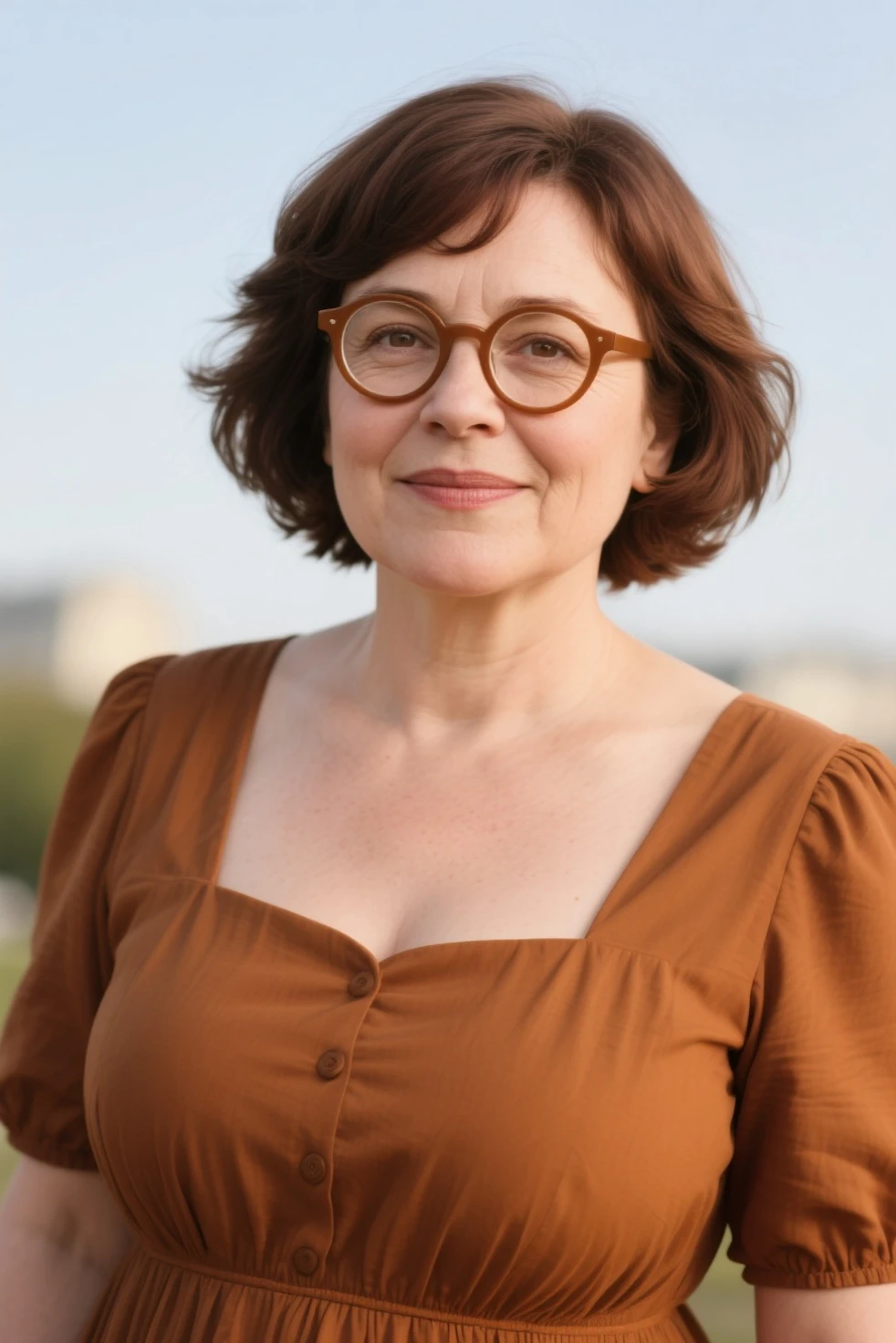 , highest quality, , Super detailed, In detail, High resolution, 8k wallpaper, Perfect dynamic composition, 1 beautiful plump mature woman, , Wearing a short-sleeved knit, Long skirt, short hair, Large Breasts, Natural color lip, Random Pause,Toothy smile, , A voluptuous 60-year-old mature woman, Stylish cafe, Background Blur