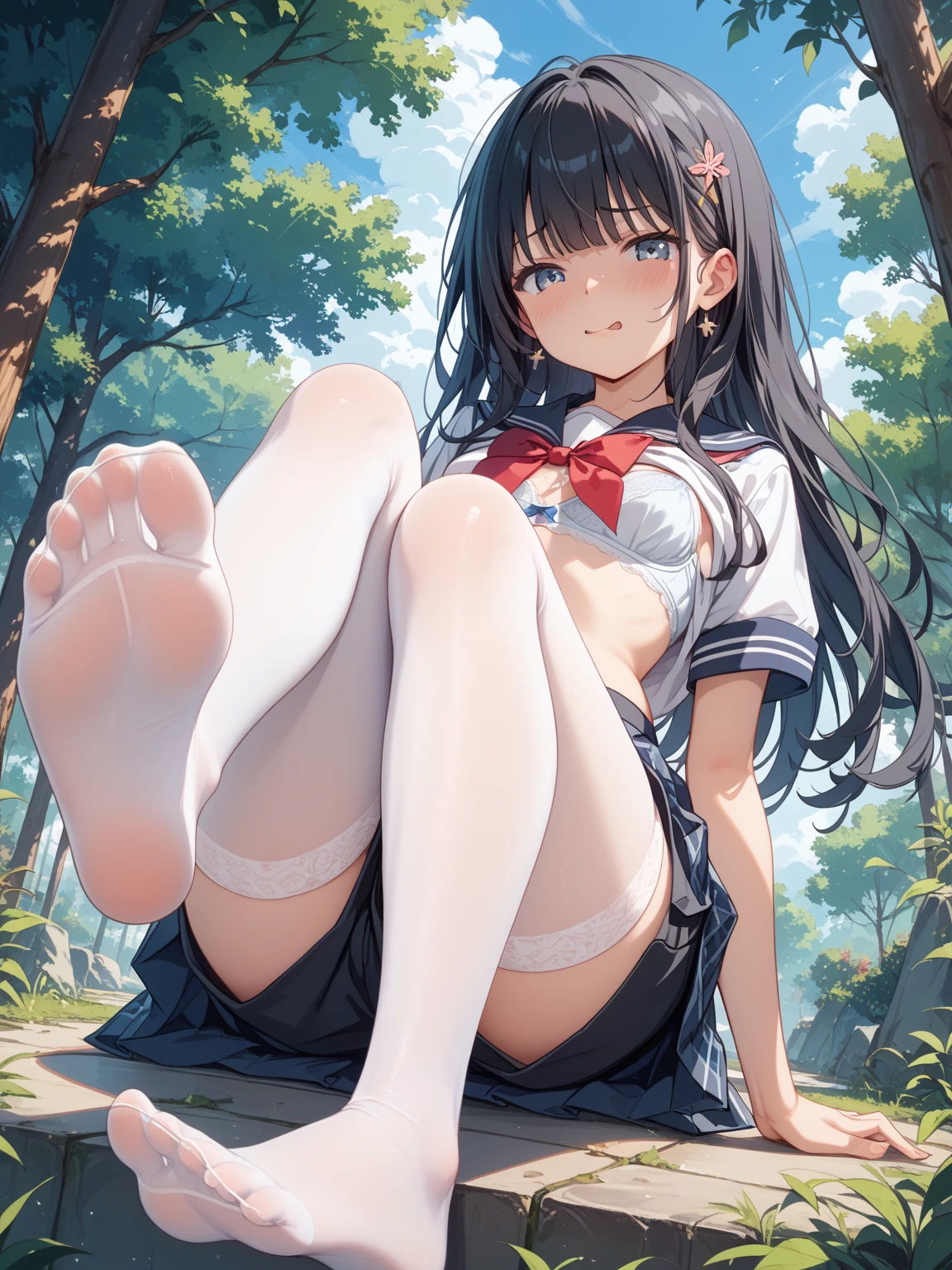 score_9, score_8_up, score_7_up, score_6_up, score_5_up, score_4_up, uncensored, yukinoshita yukino, absurdly long hair, grey eyes, black hair, very long hair, horny face, blush face, lips, naughty face, shiny skin, sweating, steaming body, curvy, voluptuous, heavy breathing, (small breasts:1.3), detailed body, detailed eyes,1girl, feet, skirt, toes, looking_at_viewer, shirt, solo, black_skirt, sitting, outdoors, day, jewelry, bare_legs, bare_shoulders, white_shirt, lips, soles, off_shoulder, tree, belt, pleated_skirt, sleeveless, dramatic