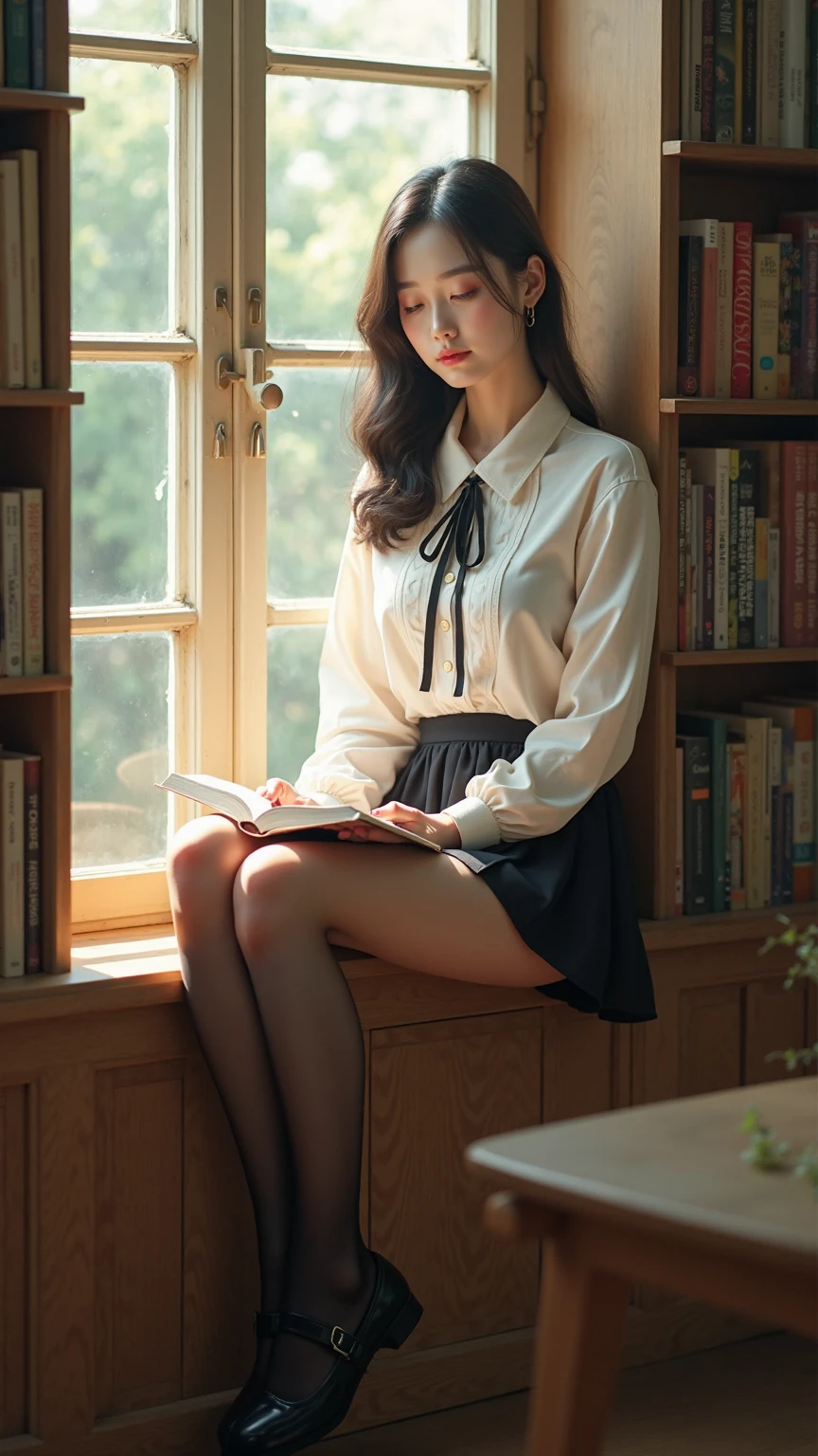 (hi-top fade:1.3)、Subdued Color、(natural skin textures、Hyper-Realism、Soft light、Soft Diffuse Lighting)、1人の女性、(White blouse with ruffles、Blue skirt with ruffles、Wear white ankle socks、(Silk white ankle-length socks and black pumps), wavy gray-brown hair adorned with ribbons、((Getting down on one knee to pick up a book that fell on the floor in front of the bookshelf))、Peaceful atmosphere in the library、Library shelves full of books