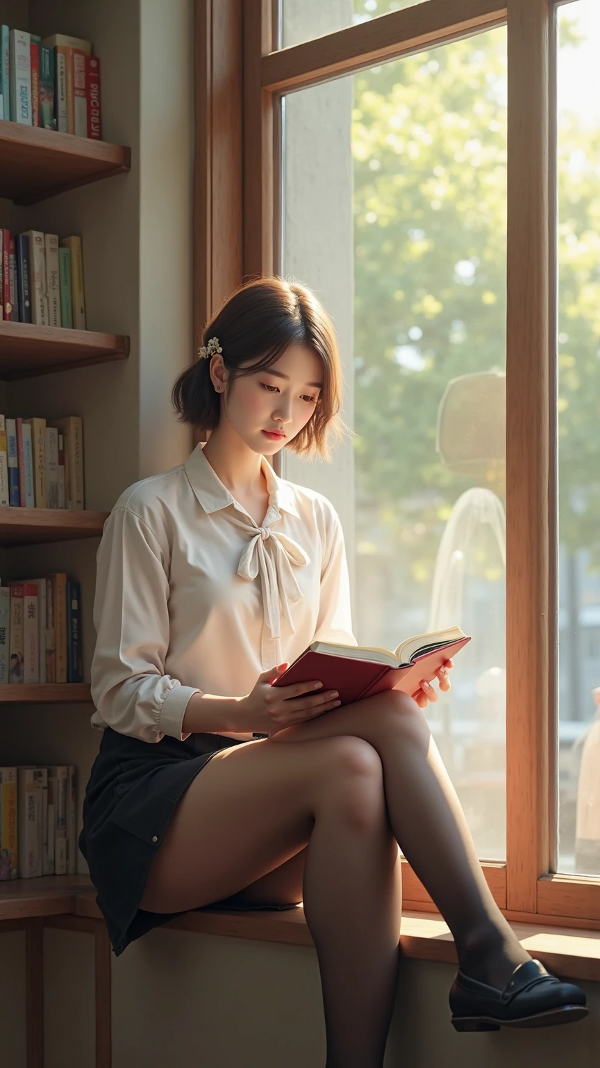 ((Best quality, 8k, Masterpiece: 1.3, raw photo)), Sharp focus: 1.2, (1 AESPA girl: 1.1), (realistic, photo-realistic:1.37), face focus, cute face, small breasts, flat chest, brunette short messy hair, sitting, white shirt, skirt, classroom, books, sunlight, cinematic lighting, from below