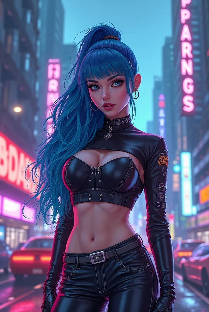  Brown hair, cyberpunk, long blue hair,  breast, split, сексуальны, smile