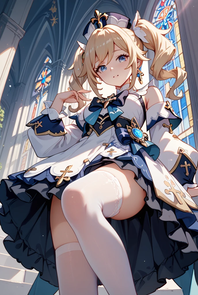 masutepiece, Best Quality, anime image, Anime style, barbara \(GenshinImpact\),smil, 1girl in,nffsw,red blush, Colorful pastel fantasy,white stockings,skinny thigh