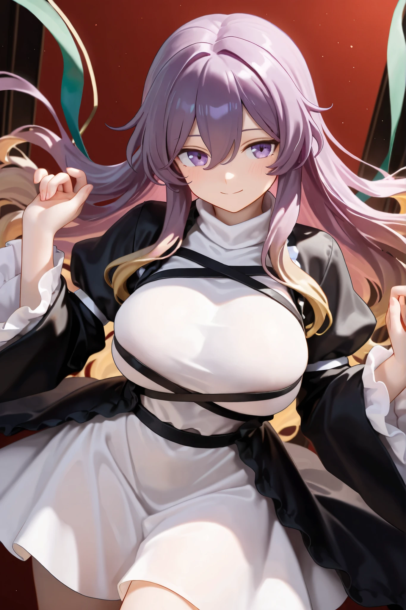 A pokémon, hex maniac, 1girl in, Ahoge, alternate breast size, bug under eyes, (Big Breast:1,9), Covered, deep skin, Dress, shairband, (Puffy nipple:1.4), long-one-piece dress, long hair, hair messy, Plump, Purple eyes, purple hairs, purple hairband, Solo Focus,cum mug,