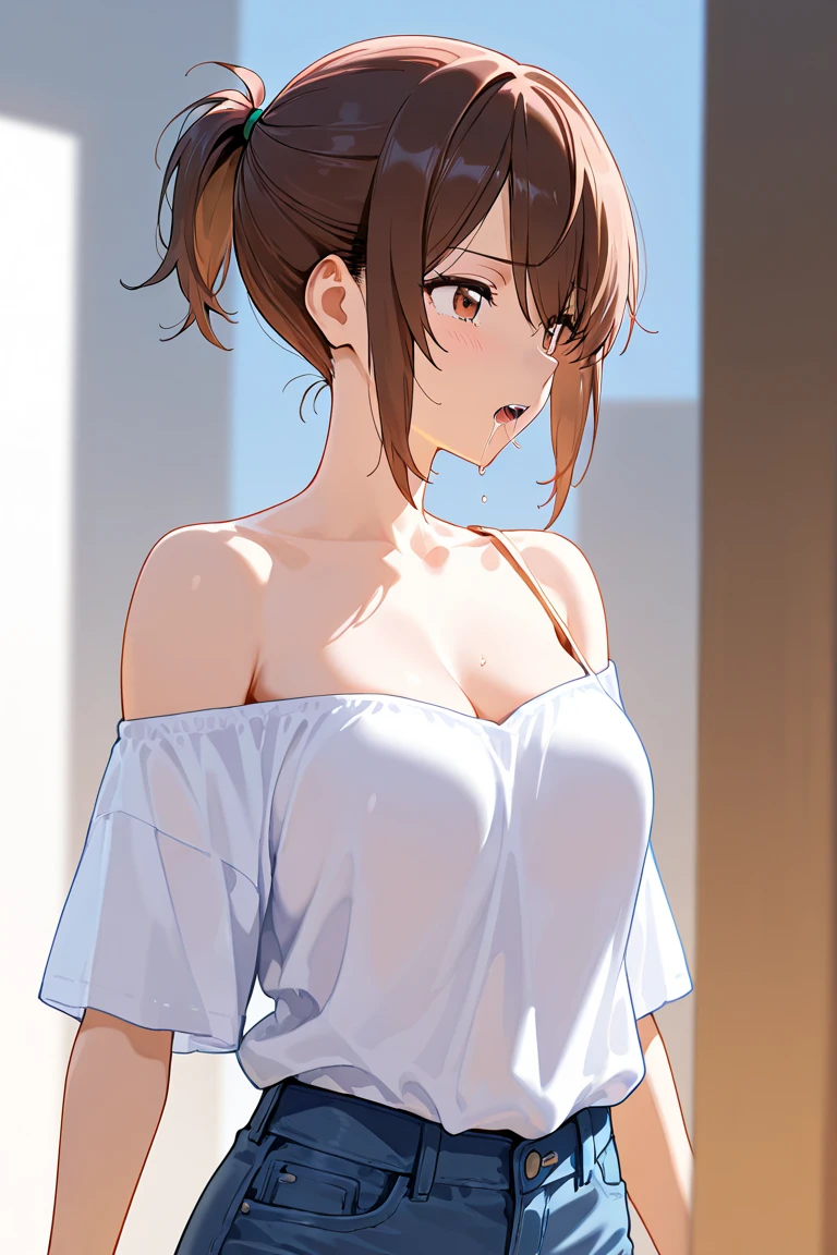 ((highest quality, 8K, masterpiece :1.3)),super detailed face, 1 adult female,Yuigahama Yui's mother,As I expected, my youth romantic comedy is wrong。,Gahamama,plump body,big breasts,bun hair,smile,sportswear,backwards,big butt,NSFW