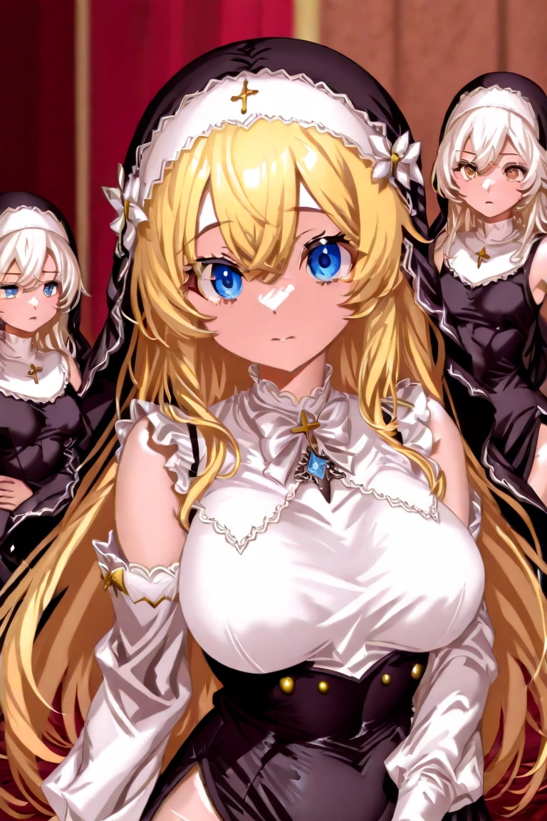a masterpiece of,(perfect anatomia:1.4), best qualtiy, high_resolution, Fine details, highly detailed and beautiful, Distinct_image, (Four Girls), , a blond,Red-eyed, standing split,(huge-breasted), (tits out),Curve,Full body,(weddingdress),(thighhigh),brownish colors,Egyptian costume,all-fours,(bedroom),all-fours