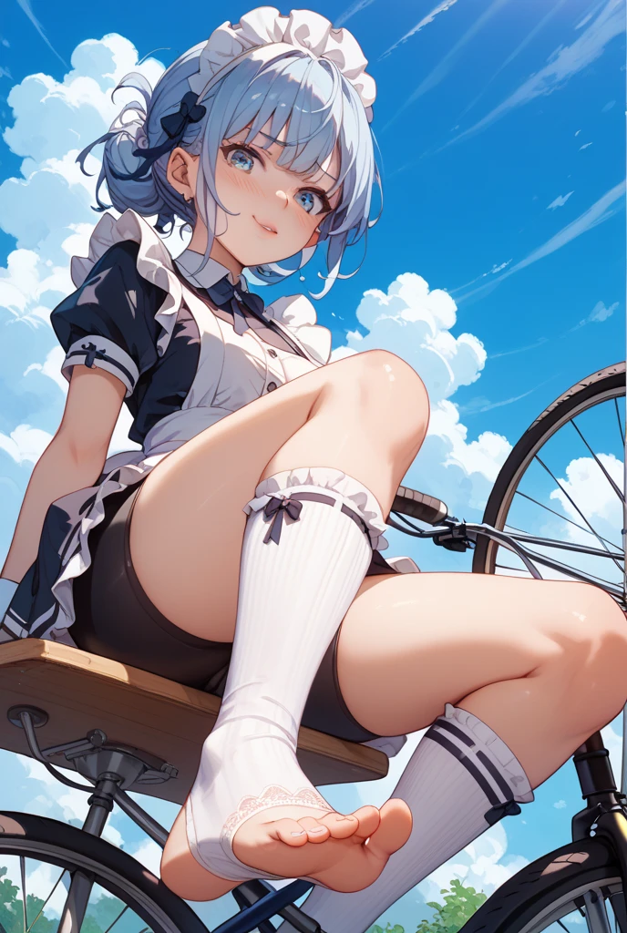 busty woman, white short hair, blue eyes, shy, smile, looking at viewer, short sleeveless short white summerdress, sitting in a wheelchair, beautiful legs, beautiful body, masterpiece, 8k, high res, rural area