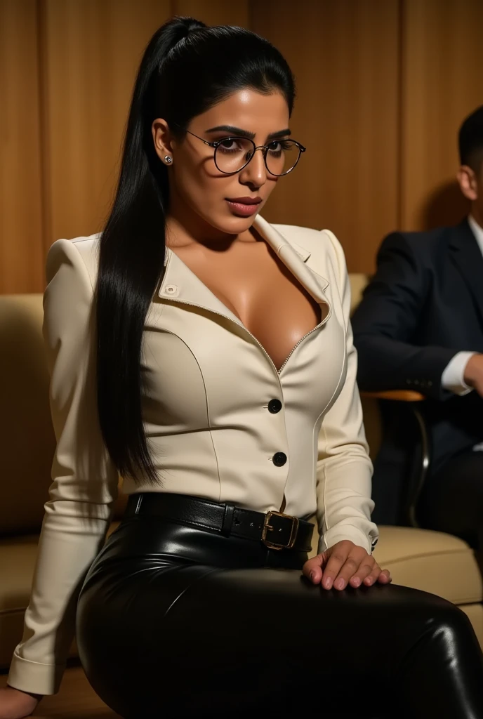 A 66-year-old Iranian beauty is dressed in a formal secretary's outfit, The jacket is made of leather((62 years old))