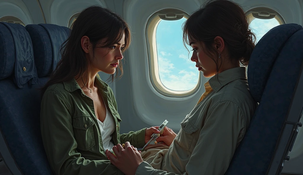 Camilla Belle (((naked))), on a plane, shy, worried, hiding, ((face blushing)), (((hands on breasts))), (((embarrassed pose))), angry
