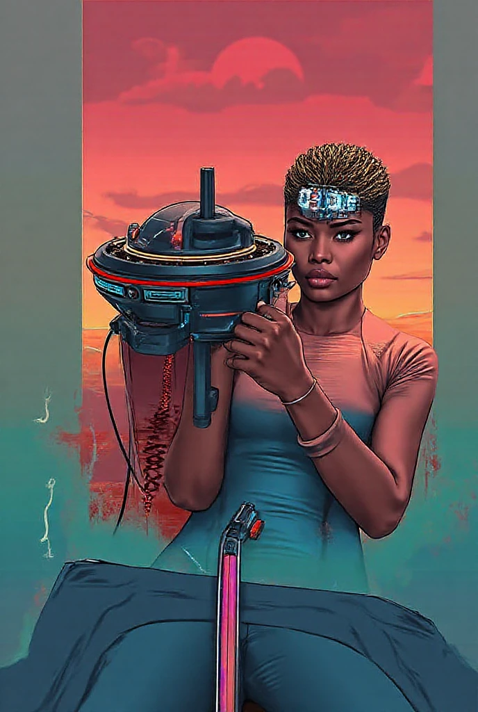 Vector Art, Colorful illustration with  African woman holding a futuristic gun, with spaceships, horoscopes and solar system in the background, afrofuturism art, sci-fi art, Vibrant colors，Graffiti Art，ink splatter，Wild and unrestrained，rich and colorful，visual impact, Modern aesthetic super detailed,
