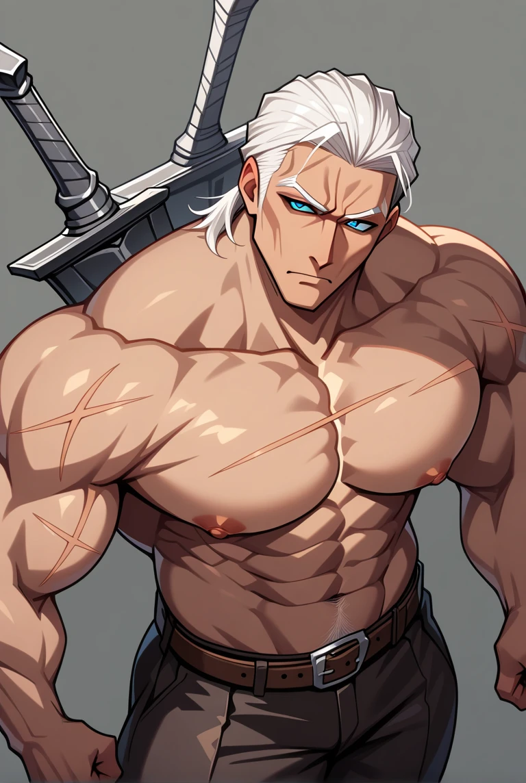 High quality, best quality, high resolution, male, muscular, 2d anime style, topless, like geralt of rivia