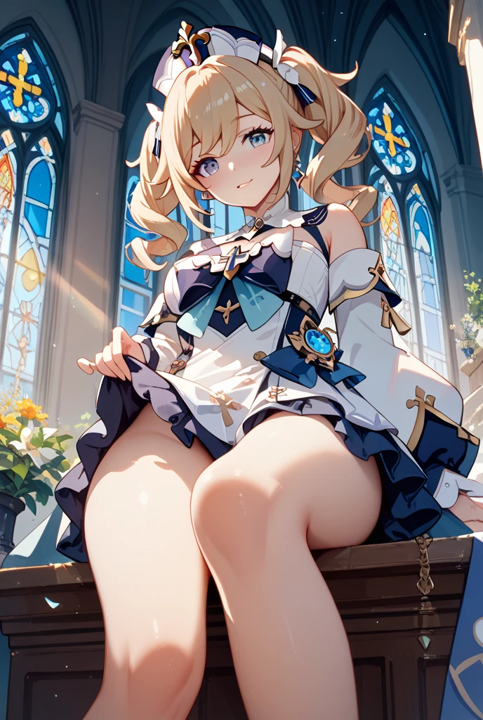 (Best Quality, Masterpiece),sexy, erotic, 1girl, 18 years old, Contempt, pride, blonde hair, ((blue eyes)), looking at viewer, medival cathedral, (standing), (half-closed eyes:1.1),happy, ((skirt lift)), white tights, ((white panties)), warm light, (ponytails), official outfit