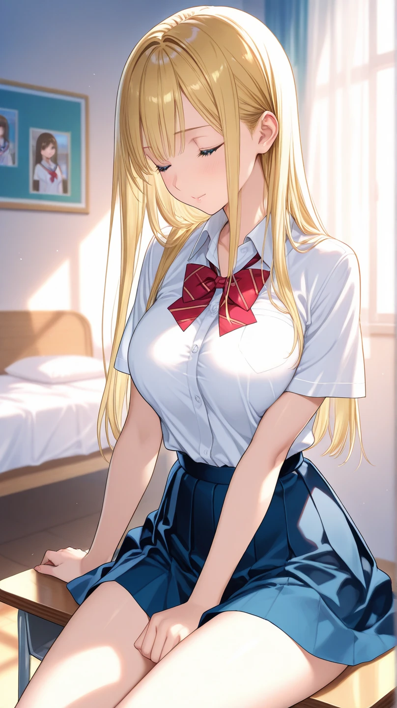 masterpiece,Highest quality,8k,Blonde,Hospital room,Bold Pose,Looking down,Shiny hair,Glossy skin,Japanese idol model,