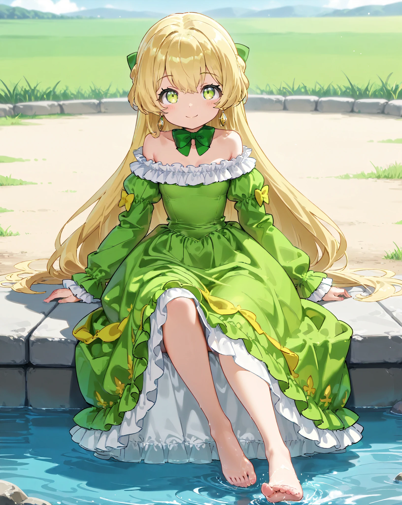 High Resolution, Best Quality, Masterpiece,  anatomically correct, high details, sunny day, a cute young princess, telestia terra esfort, ((blonde long hair)), green eyes, flat , ((((green princess gown with white frill)))), ((off-shoulder gown)), very long gown, ((green sleeves)), Earrings, green neck bow, solo, full body view, smile to viewer, at grassland besides a river, sitting on grassland besides the river, foot playing water