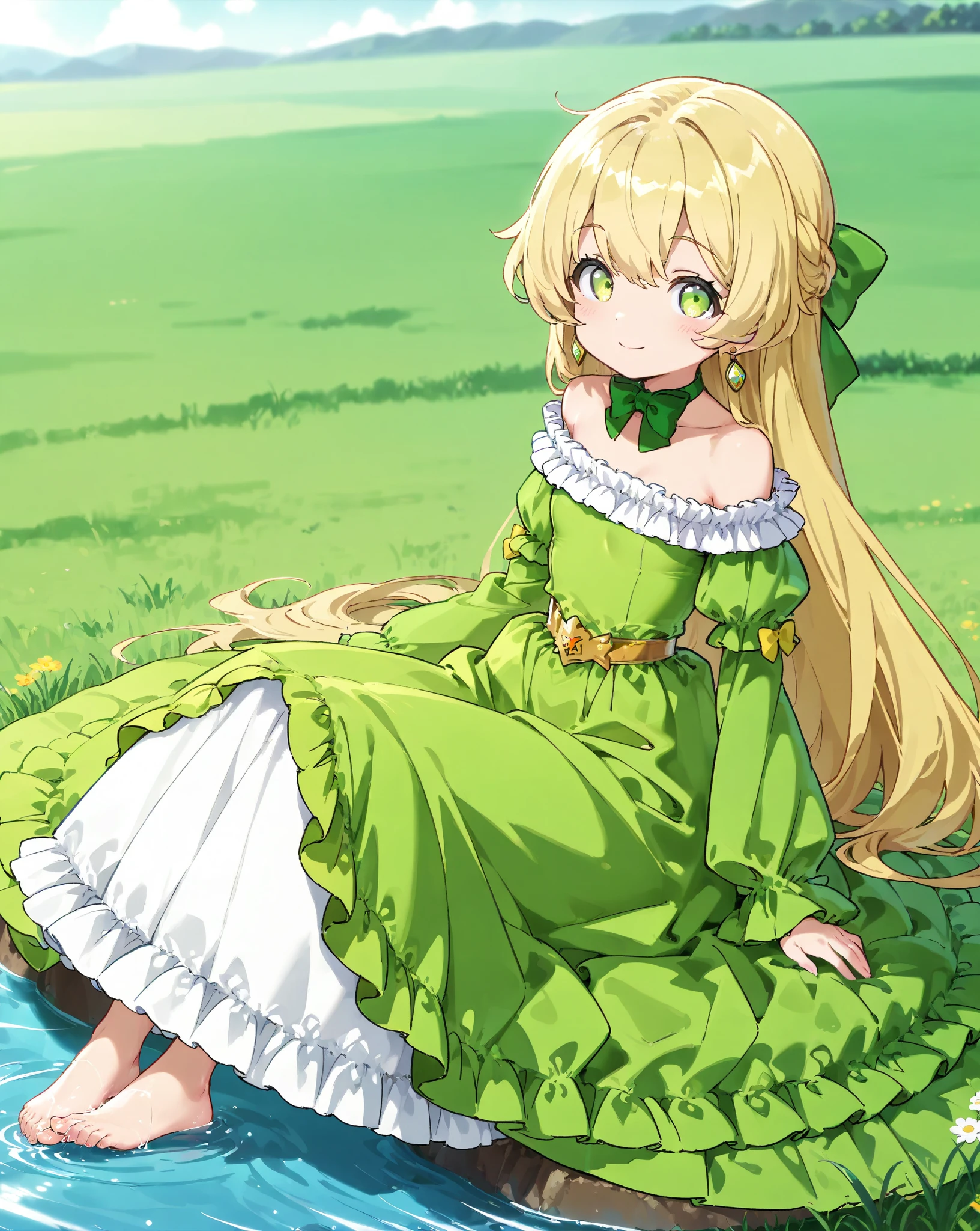High Resolution, Best Quality, Masterpiece,  anatomically correct, high details, sunny day, a cute young princess, telestia terra esfort, ((blonde long hair)), green eyes, flat , ((((green princess gown with white frill)))), ((off-shoulder gown)), very long gown, ((green sleeves)), Earrings, green neck bow, solo, full body view, smile to viewer, at grassland besides a river, sitting on grassland besides the river, foot playing water