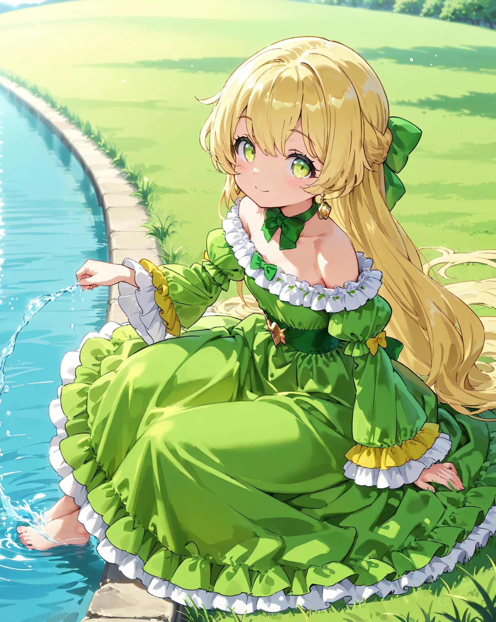 High Resolution, Best Quality, Masterpiece,  anatomically correct, high details, sunny day, a cute young princess, telestia terra esfort, ((blonde long hair)), green eyes, flat , ((((green princess gown with white frill)))), ((off-shoulder gown)), very long gown, ((green sleeves)), Earrings, green neck bow, solo, full body view, smile to viewer, at grassland besides a river, sitting on grassland besides the river, foot playing water