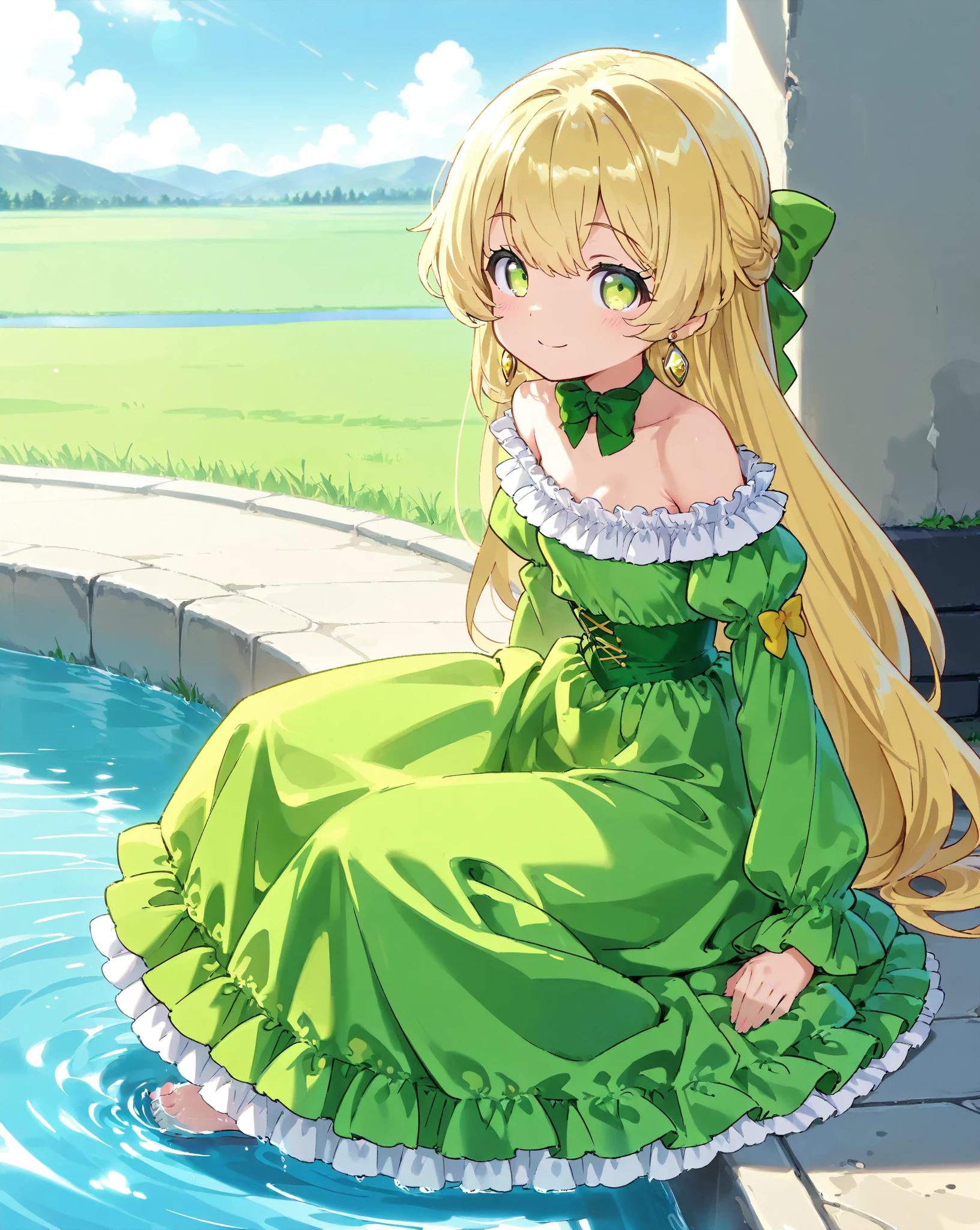 High Resolution, Best Quality, Masterpiece,  anatomically correct, high details, sunny day, a cute young princess, telestia terra esfort, ((blonde long hair)), green eyes, flat , ((((green princess gown with white frill)))), ((off-shoulder gown)), very long gown, ((green sleeves)), Earrings, green neck bow, solo, full body view, smile to viewer, at grassland besides a river, sitting on grassland besides the river, foot playing water