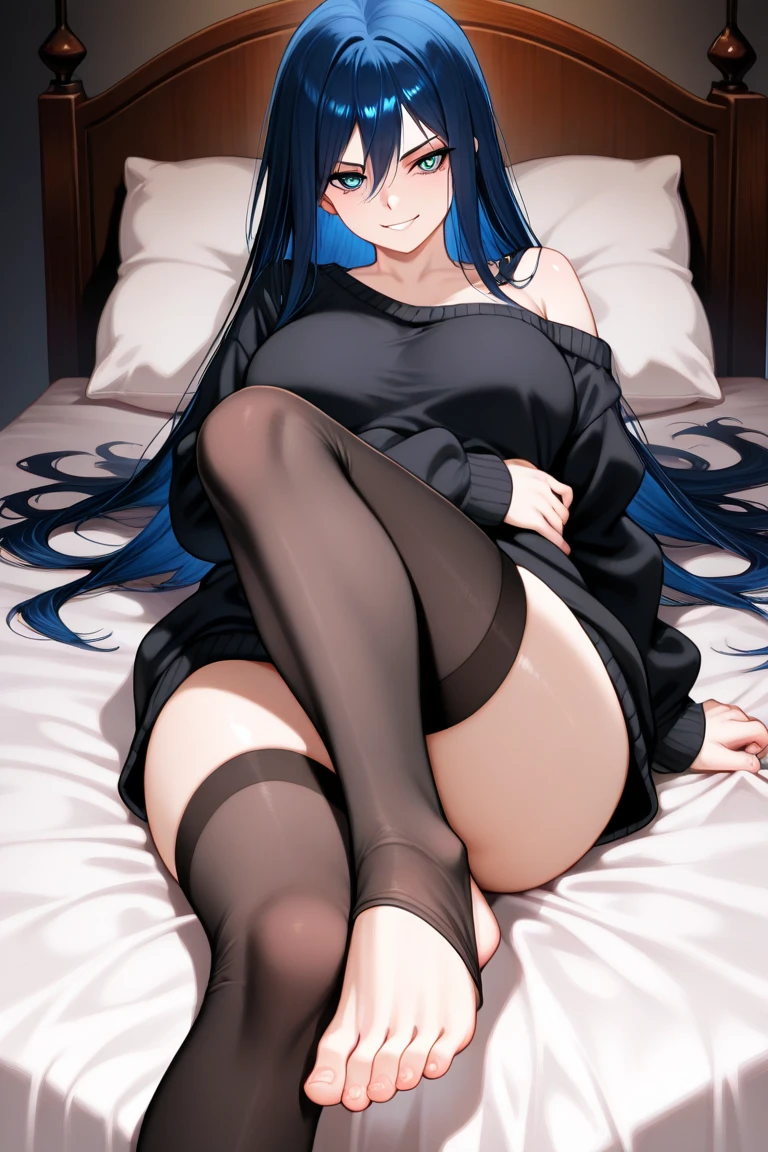best quality,masterpiece,Ultra-high resolution, 1-Girl, smile, tiny ears, sitting,Big breasts,slim,Long legs,expose legs and feet, sexy pose, feet,8k, beautiful eyes, beautiful body, Perfect anatomy, young girl, black hair with blue strands, blue eyes, full body view, 1-girl, Extremely detailed, bangs, short hair, breasts, in bed, barefoot, sexually suggestive, nude,naked, ((nsfw)), shy smile, ((soles)), ((from below)).