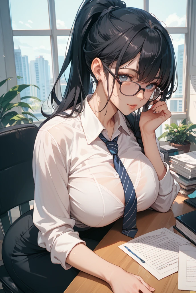 Falling asleep face down while studying at night、A cute girl wearing glasses that accentuate her breasts a little