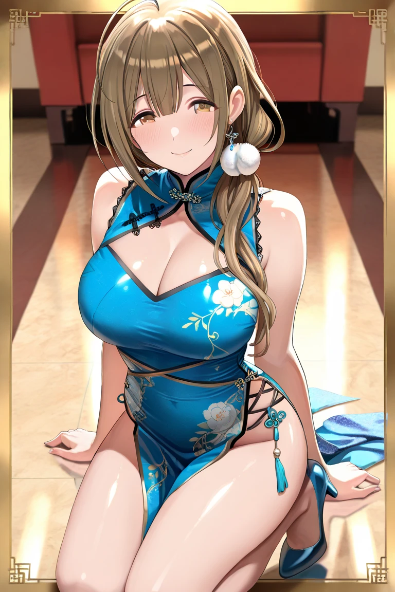 (masterpiece:1.3, highest quality, Ultra-high resolution, Super detailed), (Realistic, photoRealistic:1.4), Beautiful illustrations, Perfect lighting, Natural light, colorful, Depth of written boundary, Surrealism, View your viewers, 1 girl, , 7 heads, Perfect Face, (Perfect Anatomy), Cute and symmetrical face, Baby Face, Shiny skin, (Ideal body proportions), (Middle Hair:1.5, Side Ponytail:1.2, Blonde), Hair between the eyes, Dark blue eyes, Long Eyelashes, (Large Breasts:1.2, Captivating thighs), thin, Small Ass, thin脚, Beautiful Hair, Beautiful Face, Beautiful fine details, Beautiful clavicle, Beautiful body, Beautiful breasts, Beautiful thighs, Beautiful feet, Beautiful fingers, ((sleeveless blue mini cheongsam dress)), Blue High Heels, (Beautiful views), evening, (bar counter), (smile:1.5, happiness), No clothes, Completely naked.