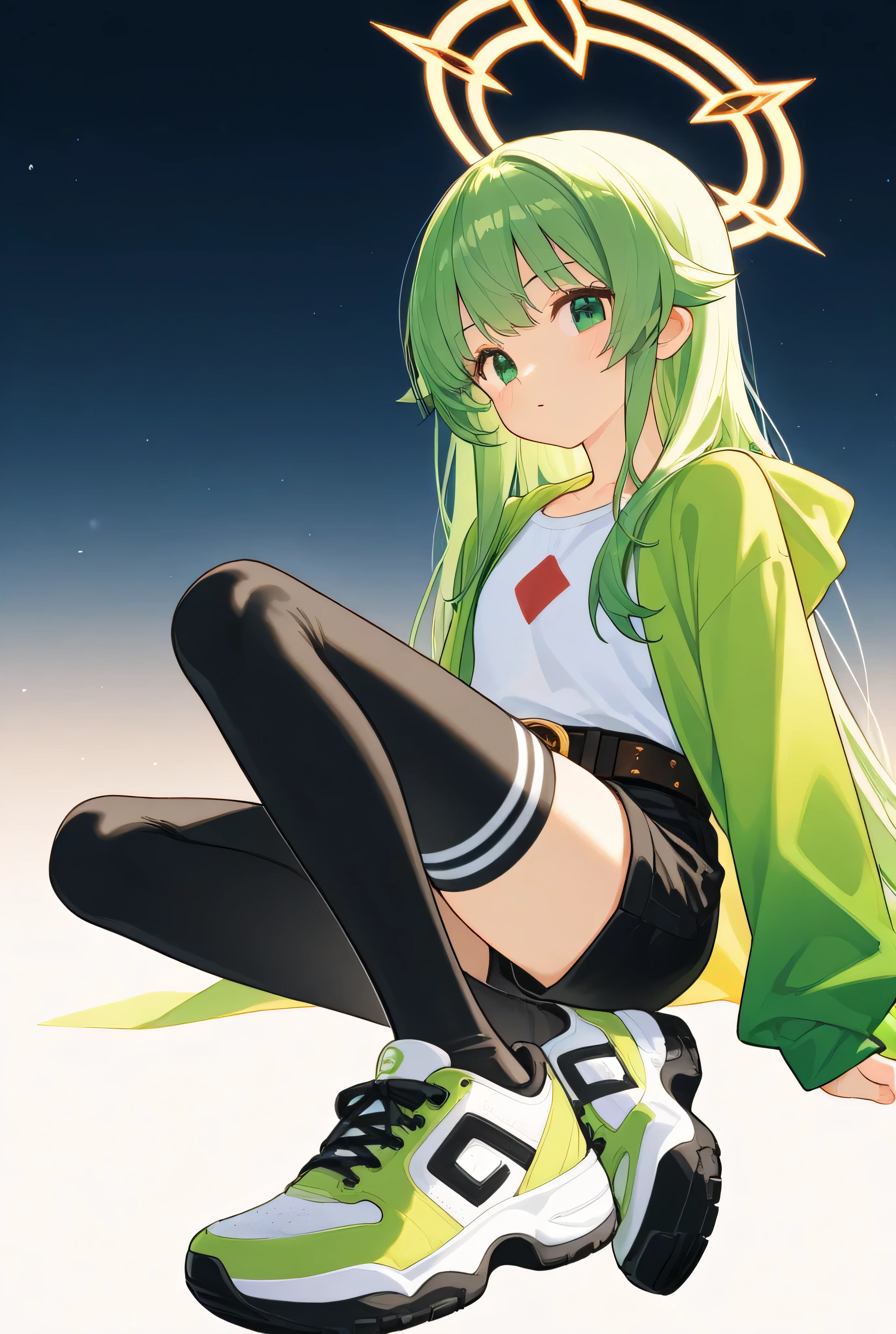 the anime world of sword and magical fantasy。
Height: 172cm、Generate a full-body image of a 51 kg girl in anime style。
Hair is shoulder length、with a gradation from midnight blue to deep green。
What to wear、ultra-short black shorts with a belt、knee high socks、These shoes look like pumps and sneakers。
Also、I also wear a thin, light cape that fastens at the chest。The gradient is、Reminiscent of the magic of capes。