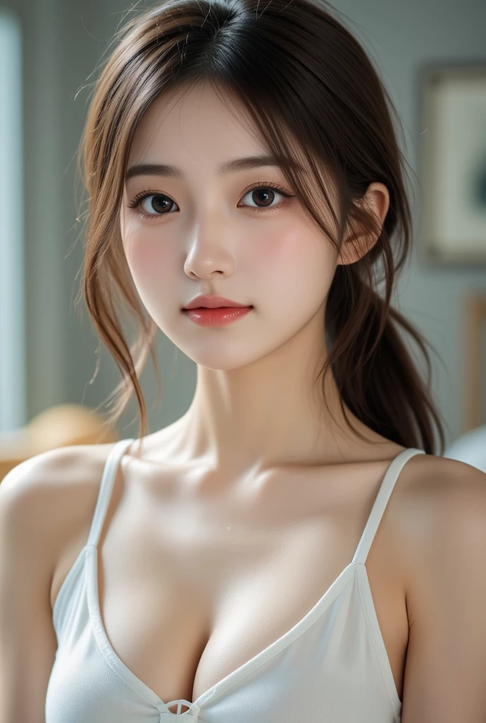 (Best Quality, 4K, 8K, hight resolution, masutepiece:1.2), Ultra-detailed, (Realistic, Photorealistic, Photorealsitic:1.37), Portrait, Beautiful detailed eyes, Beautiful detailed lips, long eyelash, Perfectly styled hair, flawless skin, smokey eye makeup, rosy cheeks, Elegant posture, Confidence Expression, feminine charm, Soft natural light, subtle color grading, Modern boudoir settings, Romantic atmosphere,Ethereal aesthetics,a captivating gaze, Fine Lace Lingerie, Sensual Pose,seductive beauty, Delicate Jewelry, Curvaceous figure, Calm background,exquisite attention to detail, High-quality craftsmanship,Bright pastel colors, dreamy ambiance, strong visual impact, Provocative yet classy, Powerful feminine energy, hair adornments