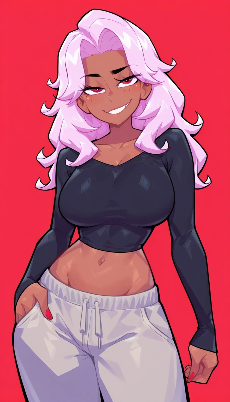 Prompt: ,score_9, score_8_up, score_7_up, score_6_up, score_5_up, score_4_up, BREAK, source_anime,1girl,solo,qiyana, dark skinned female,tiara, crown, white hair,, wide hips,, pussy, simple background, looking at viewer, haughty, confident, smug, , virgin killer sweater, slutty, pussy, , wide hips, breasts, minidress, turtleneck, sweaterdress, , cleavage, center cutout navel, , leaning forward, smile, seductive, exposed breasts, simple background, upper body focus, nude, , sleeveless dress, bare legs, , strapless dress, jewelry, arm band,