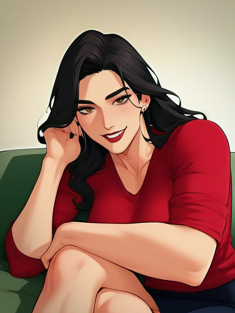A digital illustration in semi-realistic manhwa or anime +18 style. Three characters sitting closely on a modern gray sofa in a warm-lit living room at night, watching a movie. The young man on the left is 21, handsome and masculine, with short messy black hair, a sharp jawline, and an intense or calm gaze. He has a confident, relaxed posture, dressed casually in a dark fitted t-shirt and an open jacket. His expression appears polite and soft, but it subtly hides a sadistic side. In the middle, a 19-year-old girl with long black hair and big seductive eyes, wearing a tight red top and short black skirt, sexy and feminine with a slightly rebellious and intense look. On the right, their mother, about 37 years old, also with long black hair, very attractive and youthful, wearing a form-fitting, elegant dress that’s sexy without being revealing, sitting with poise. The scene feels intimate but not explicit, with soft shadows and warm ambient lighting. All characters have expressive, beautiful manhwa-style faces, with smooth skin, defined features, and realistic proportions. No cartoonish or silly faces. Family resemblance is visible. Stylish, mature, and cinematic atmosphere