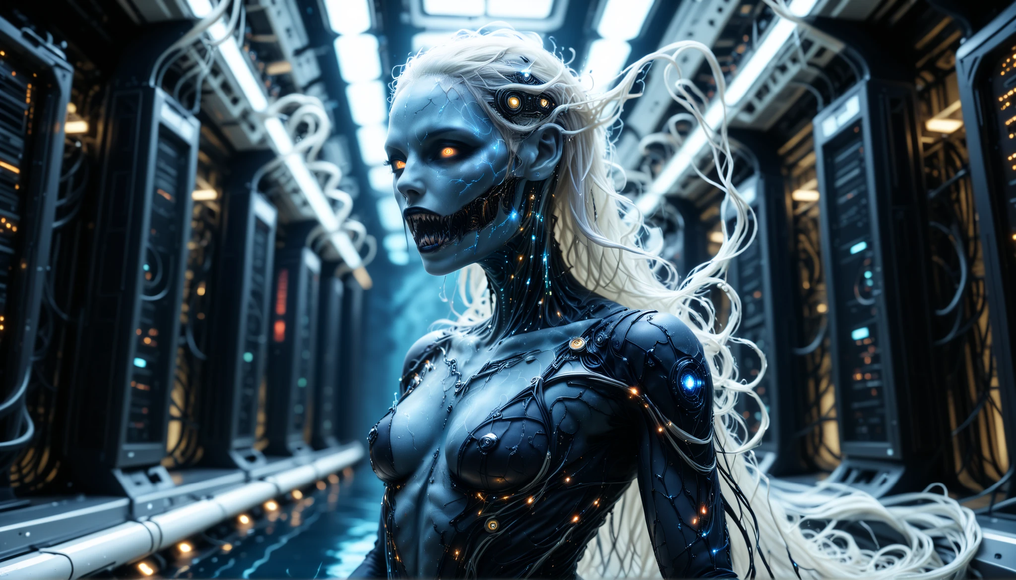 Hr giger tattooed sexy seductive dead woman, perfect face, hyper realistic detailed neon white eyes, full body view,