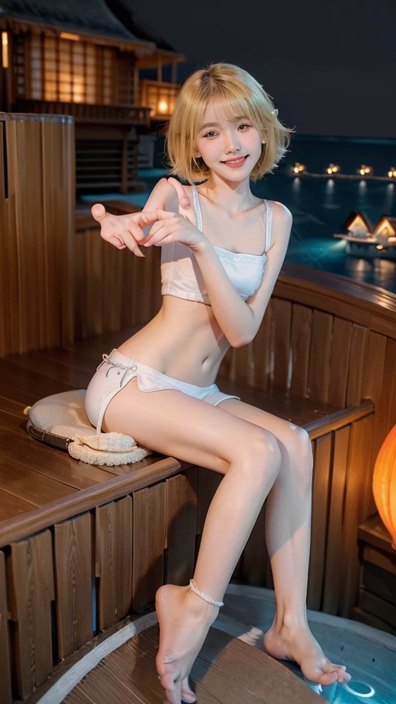 original photo, ((Extremely beautiful body))), (Fair and translucent skin)), 1 girl, Beautiful 15 year old girl from Prague, (Shiny natural blonde hair))), [blue eyes], silky fine hair, Long straight hair, Eyeliner, Bangs, hair between eyes, White strappy thong，bare legs，white socks，White shirt，posture，flowing hair, small smile, ((masterpiece, quality, Ultra-detailed, movie light, intricate details, high resolution, 8k, Very detailed)), Detailed background, 8k UHD, SLR camera, soft light, high quality, film grain, XT3, shallow view deep, Natural light, (perfect hands), perfect beautiful face, 