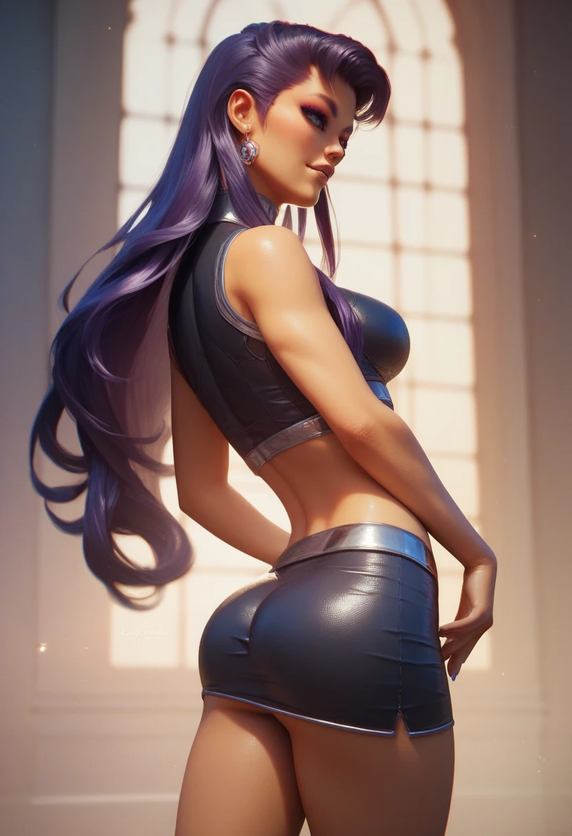 8k, masterpiece, raw photo, The best quality, detail:1.2), photorealistic, Extremely detailed 8k unified CG wallpapers, depth of field, cinematic light, Lens flare, ray tracing, (extremely beautiful face, Beautiful lips, beautiful eyes), Cara de detail intrincado, ((ultra detailed skin)) 1 girl, In the dark, purple hair, deep shadow, Pretty Korean girl, kpop idol,(Very lean and lean muscular body:1.3), ((See the viewer)), (big smile), (sexy armor), (high heels), (Exposed panties), ((Standing full body shot)), (full body shots walking), (injection sleeve), (department background), (neon lights), (evening), Pretty Korean girl, earrings, bracelet, neck, shackles, light eyes, andante, (Pale skin), Face forward, (large eyes), Came back, (rear shot), NSFW, (sexy armor), ((Traje de sexy armor))