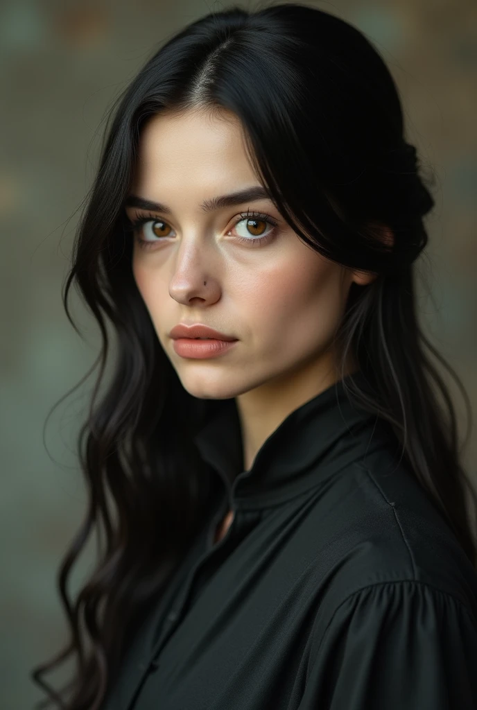37-year-old woman with straight black hair and light brown eyes dressed in clothes of the era