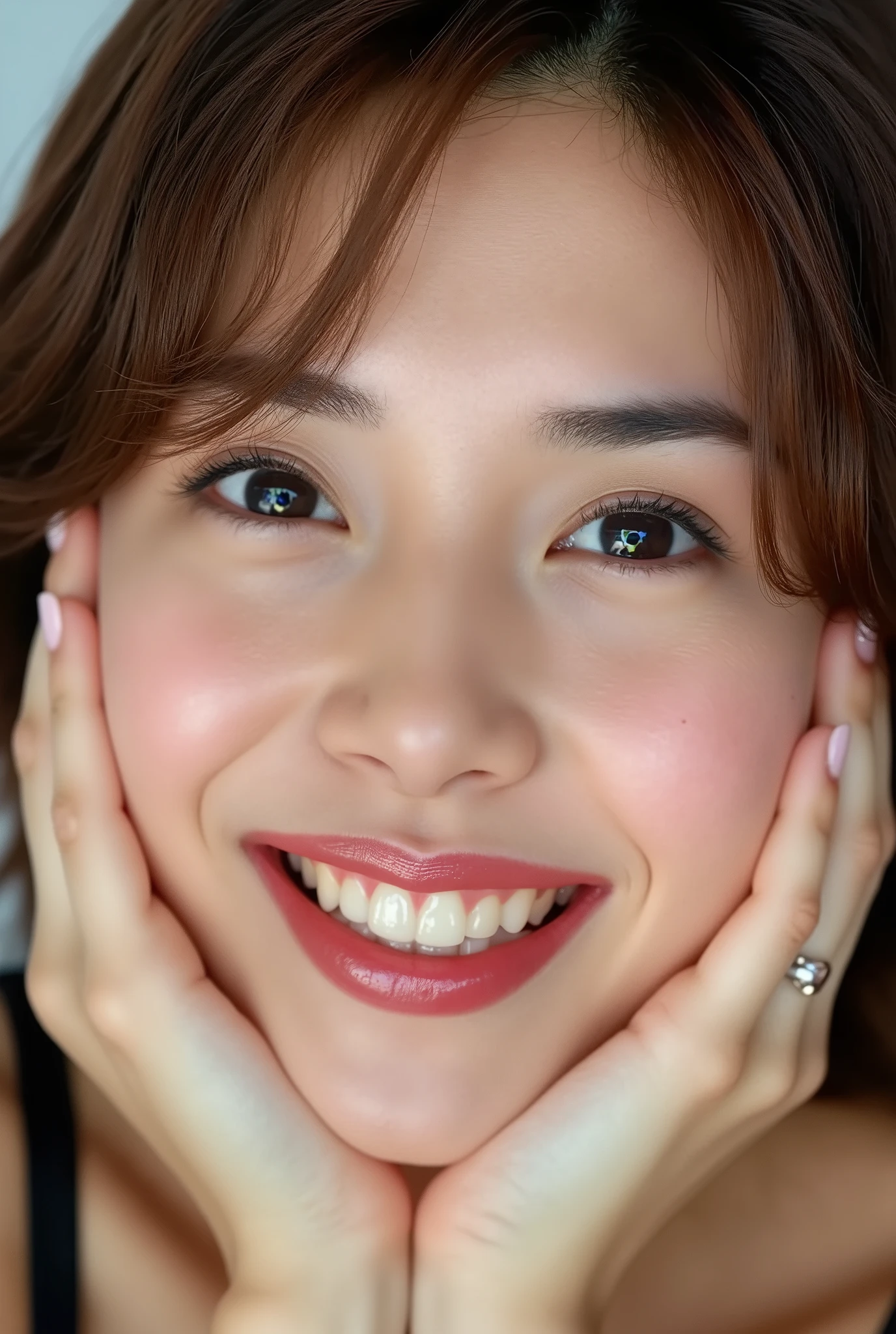 extreme close-up portrait, beautiful girl with her love-struck, radiant face filling the entire frame (95% face ratio), gently placing both open hands on her flushed cheeks with soft fingers, soft black camisole, white blurred background, eyes dreamy and half-lidded, deeply adoring gaze fixed straight at the viewer, irises ultra-detailed with intricate rainbow reflections and glowing catchlights, moist and sparkling eyes as if about to tear up from overwhelming joy, soft melting smile revealing slightly parted lips and upper teeth, skin with visible soft pores, realistic skin texture with warm lighting and subtle shadows, delicate eyelashes, glossy lips with natural highlights, cheeks glowing with deep blush, cinematic soft lighting, lifelike expression full of romantic euphoria, overflowing with happiness, warmth, and pure affection, subtly tilting her head as if whispering a name in total bliss, ultra photorealistic, masterpiece, 8K, hyperreal detail, skin pores, detailed iris texture, cinematic mood