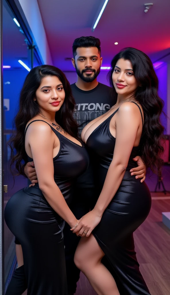 Latex Costumed Huge Breasts and Huge Ass Three Indian Woman and Long-haired Bearded One Indian Man performing Penetrative Sex