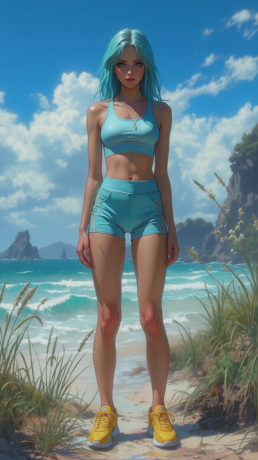 A young woman bathing in a waterfall She is wearing printed underwear Her hips are big It is evening It is sunny There are some trees nearby