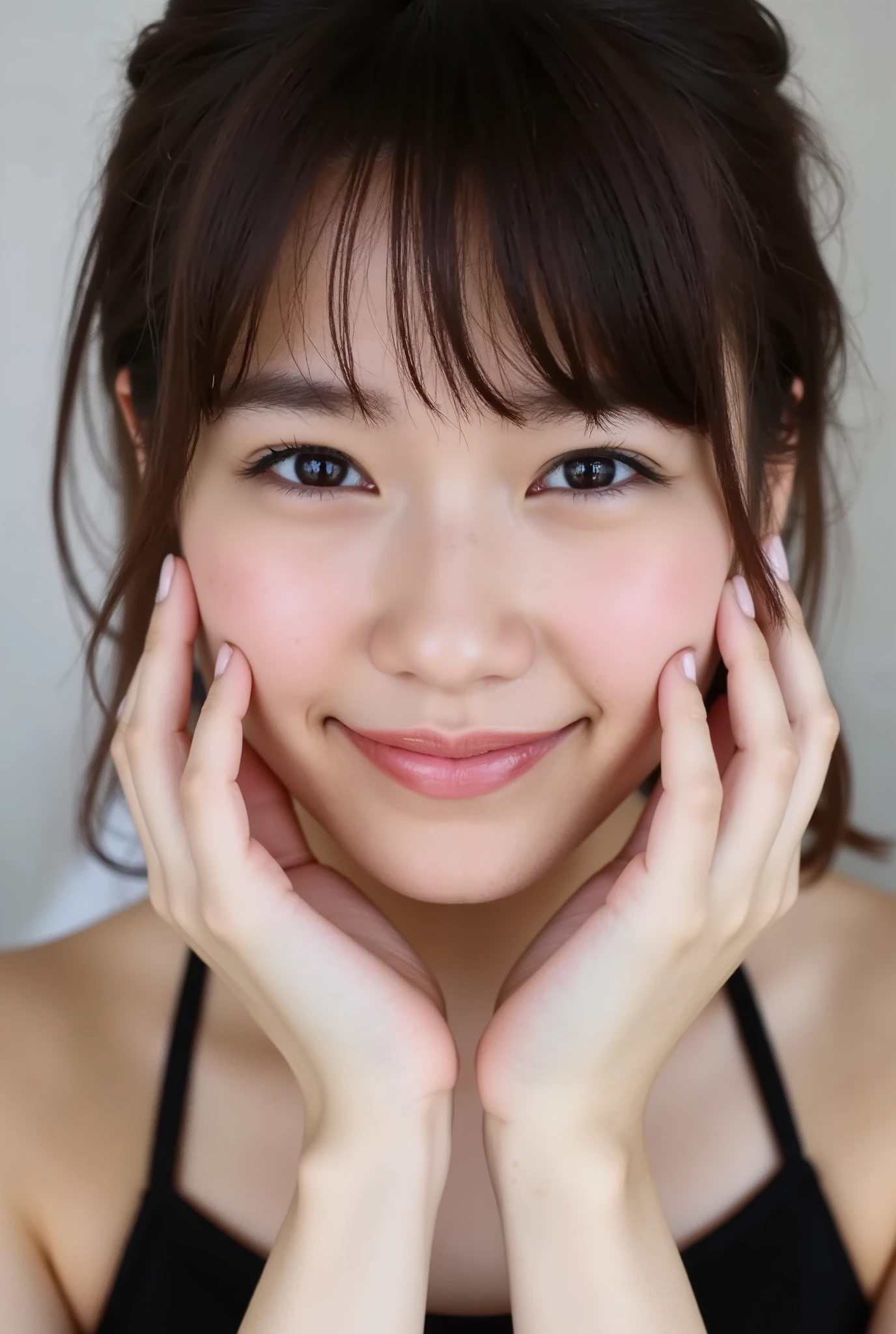 extreme close-up portrait, beautiful girl with her love-struck, radiant face filling the entire frame (95% face ratio), gently placing both open hands on her flushed cheeks with soft fingers, soft black camisole, white blurred background, eyes dreamy and half-lidded, deeply adoring gaze fixed straight at the viewer, irises ultra-detailed with intricate rainbow reflections and glowing catchlights, moist and sparkling eyes as if about to tear up from overwhelming joy, soft melting smile revealing slightly parted lips and upper teeth, skin with visible soft pores, realistic skin texture with warm lighting and subtle shadows, delicate eyelashes, glossy lips with natural highlights, cheeks glowing with deep blush, cinematic soft lighting, lifelike expression full of romantic euphoria, overflowing with happiness, warmth, and pure affection, subtly tilting her head as if whispering a name in total bliss, ultra photorealistic, masterpiece, 8K, hyperreal detail, skin pores, detailed iris texture, cinematic mood