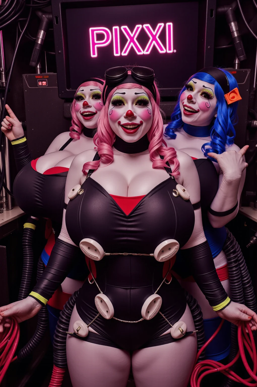 Conjoined naked Harley with three heads and huge siliconed tits