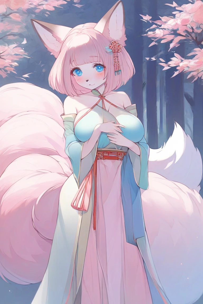 mayoi shigure, 1girl, breasts, looking at viewer, blush, smile, short hair, open mouth, bangs, hair ornament, animal ears, hair between eyes, medium breasts, purple eyes, hairclip, pink eyes, crossed bangs, light green hair, weasel ears, gloves, fur trim, gray jacket, gray headwear, animal tail