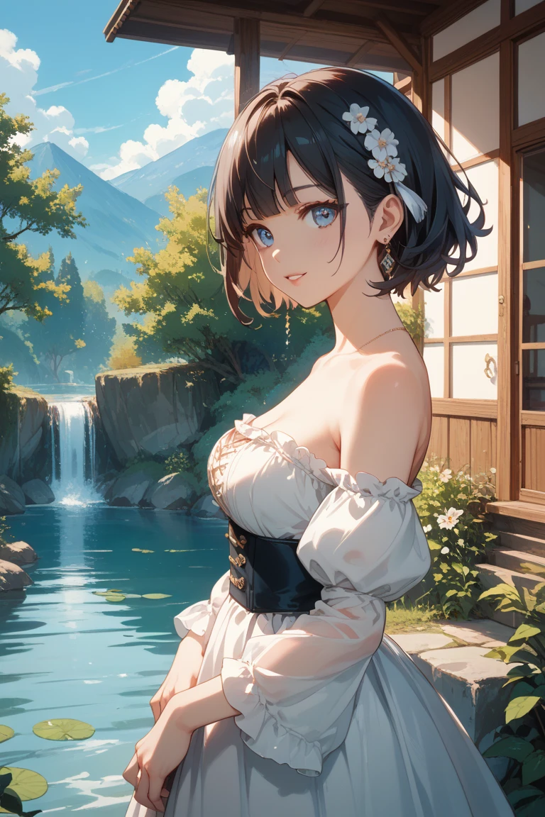 (Highest quality、Highest quality、Masterpiece、Very delicate、Very detailed、Exquisite、16K、Full HD)、1 female、(White dress、Flared mini skirt、、Floral decoration、gem、ribbon、White frills)、Perfect body line、Glowing Skin、(Groomed eyebrows、Pink Lips、Blue Eyeysterious Face)、(Black Hair、Medium Hair、Shiny Hair)、Dynamic Pose、Dramatic lighting、(Riverbank、stream)