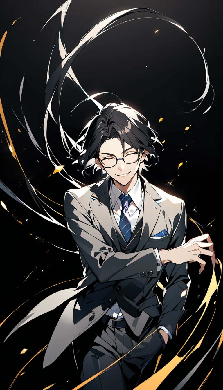 boy, black hair, brown eyes, wearing glasses, modern school uniform, clean forehead