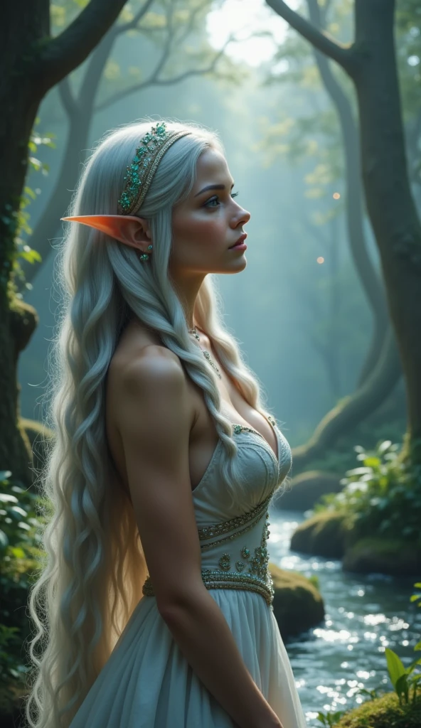 FACE SHOT OF BEAUTIFUL BOMBSHELL TOLKIEN ELF WOMAN, 30 YEARS OLD, HUGE LONG PLATINUM HAIR, BRAIDED HAIR, VERY PALE SKIN, EXPRESSIVE TURCOISE EYES, LOVELY FACE, ENIGMATIC FACE EXPRESSION, GORGEOUS LIPS, ROSY CHEEKS, HIGH CHEEKBONES, MENTAL FORAMEN, EXPOSED ELF TIP EARS, SILVER TIARA, PLATIMUN EYEBROWS, FULL NECK CLEAVAGE, LIGHT BLUE NECK VICTORIAN DRESS, ATHLETIC CURVY BODY, SIDE ANGLE SHOT, DEEP FORREST, DAYLIGHTS, BACK LIGHTS, SUN LIGHTS, MASTERPIECE, ACCURATE IMAGE