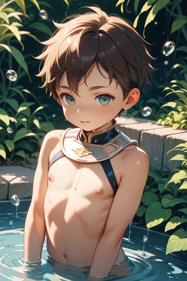 (Masterpiece),(best quality),official art,extremely detailed CG,unity 8k wallpaper,ultra detailed, best quality, 1boy, Boy, Shota, Venti, beret, hat flower, Shirtless, Upper body, Gold necklace, Gold earrings, Bare chest, Navel piercing, Gloves, arm warmer, Desert, Day, jewelry, brooch, sweat, (Showing armpit:1.4), Smile, blushing, Blurry beckground