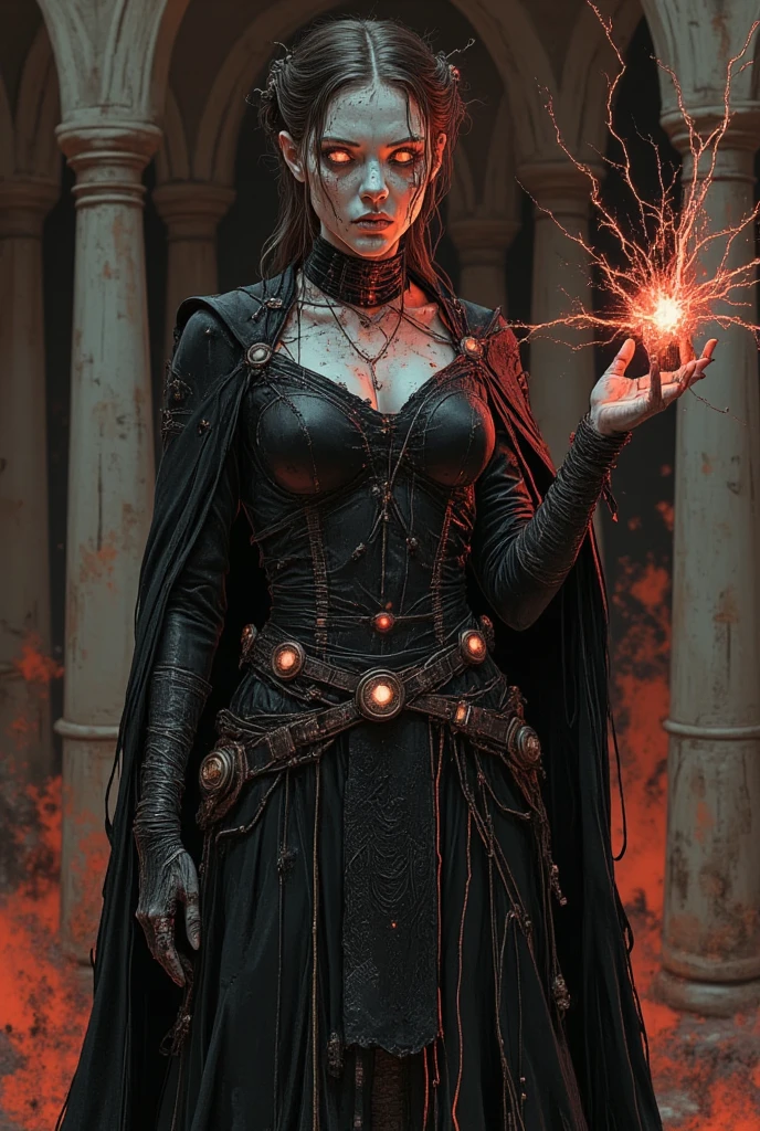 A fierce blonde female witch stands with a serious expression, exuding both beauty and danger. She wears a tight-fitting,red gown that hugs her figure perfectly, adorned with silver accents and intricate vine-like patterns that shimmer faintly in the light. ???????????. Her photorealistic face is striking, with sharp, captivating features and piercing violet eyes that seem to hypnotize anyone who meets her gaze. casting a mesmerizing spell with icy energies in her hand
She stands in the midst of a misty battlefield, her posture confident and her gaze focused, radiating determination. The background features an ancient, war-torn landscape with crumbling ruins and tattered banners fluttering in the wind. The scene has a medieval fantasy aesthetic, emphasizing strength, discipline, and the spirit of a seasoned warrior. Around her, female witches stand ready, their presence adding to the atmosphere of strength and  unity.
(best quality,4k,8k,highres,masterpiece:1.2),ultra-detailed,(realistic,photorealistic,photo-realistic:1.37),HDR,UHD,studio lighting,ultra-fine painting,sharp focus,physically-based rendering,extreme detail description,professional,vivid colors,bokeh,portraiture,glamour,sensual,alluring,wear mexi, in style of Retna, full body,
,
