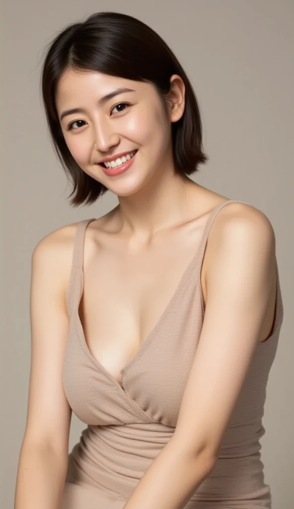 8K, table top, Raw photo, highest quality, realistic, Highly detailed CG Unity 8K wallpaper, written boundary depth, cinematic light,ray tracing, (very beautiful face, beautiful lips, beautiful eyes), face with intricate details, ((highly detailed skin)) 1 girl, in the dark, deep shadow, 1 cute Japan girl, , ((looking at the viewer)),(big smile:1.3), (blurred background), beautiful earrings, bracelet, necklace, clear eyes, , (pale skin), (big eye ace forward, (upper body shot), , (looking at the viewer:1.3) open chest, Huge , Plump、 focus on,,((sheer tanktop、No bra))), Random hairstyles for short hair and updos、black hair、Inviting, gestures、Fuck Me Eyes、Put your big breasts on the table、Poke the cheek cane